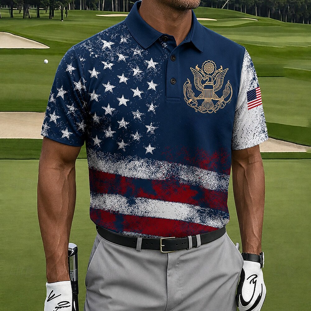 USA 250th Anniversary Golf Polo Shirt – Vintage Eagle & American Flag Print, Patriotic Quick Dry Short Sleeve Top