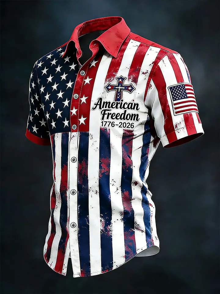 American Freedom 1776-2026 Button-Down Shirt – Distressed American Flag Print with Patriotic Cross, Short Sleeve Casual Top