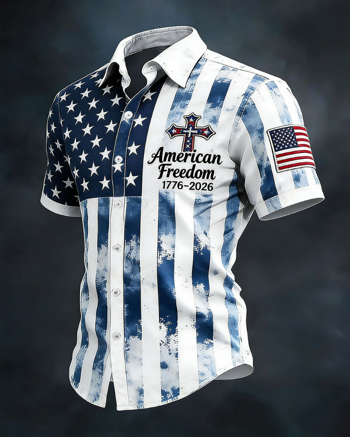 American Freedom 1776-2026 Button-Down Shirt – Distressed American Flag Print with Patriotic Cross, Short Sleeve Casual Top