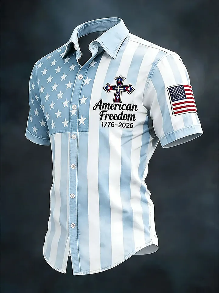 American Freedom 1776-2026 Button-Down Shirt – Distressed American Flag Print with Patriotic Cross, Short Sleeve Casual Top