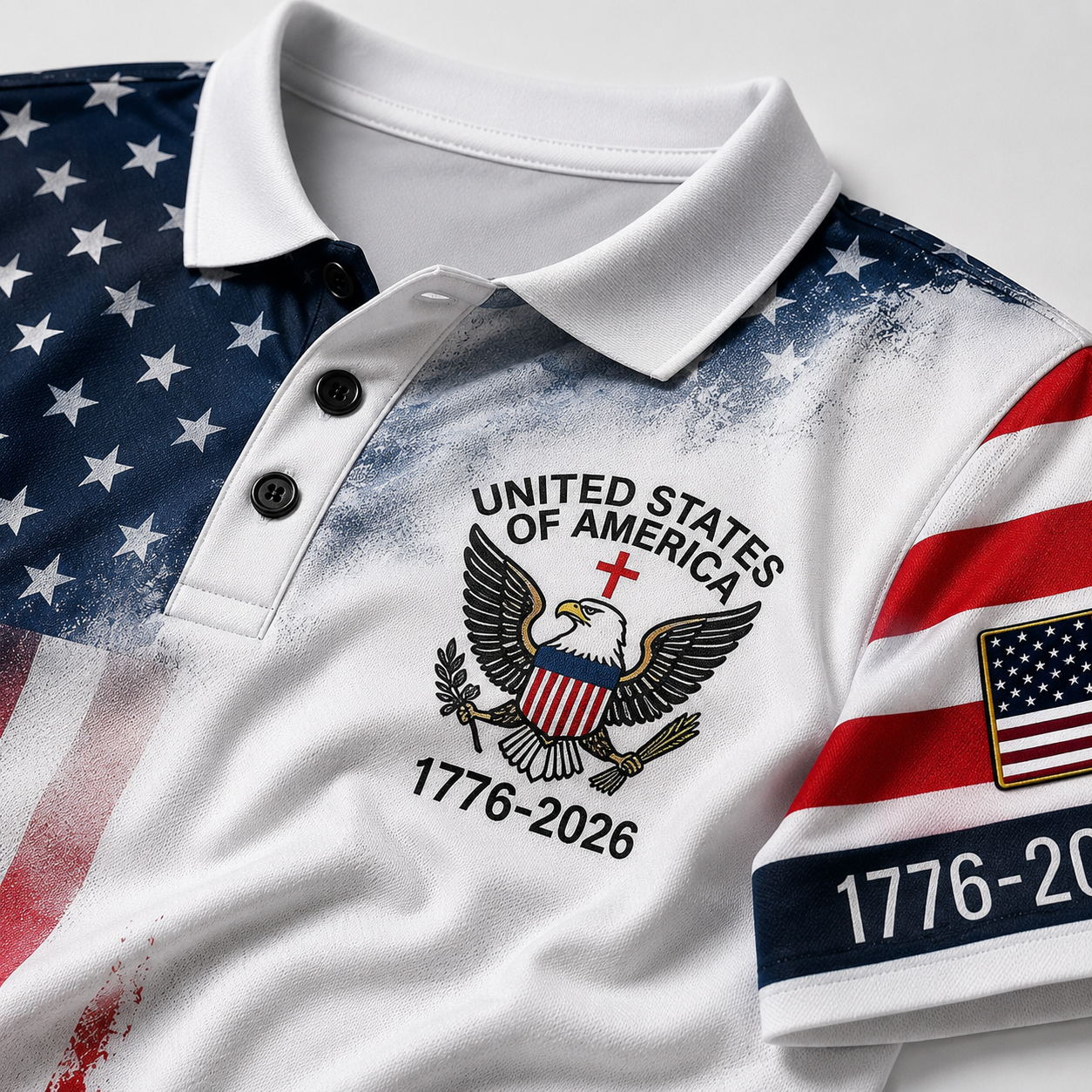 USA 250th Anniversary Golf Polo Shirt – Split Star & Stripe American Flag Print with Eagle Crest, Patriotic Quick Dry Short Sleeve Top