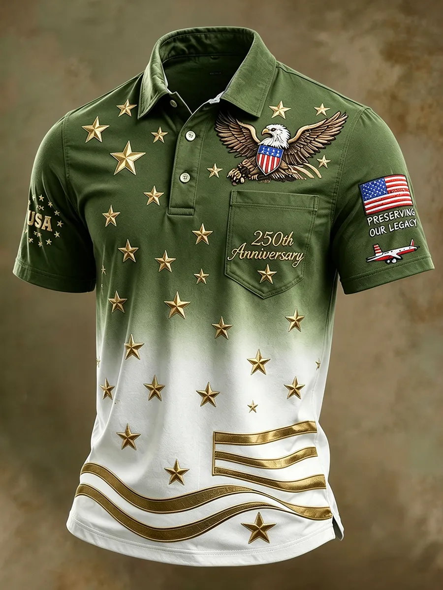 USA 250th Anniversary Patriotic Eagle Golf Polo Shirt, Men's Casual Top with Gradient Gold Star Print