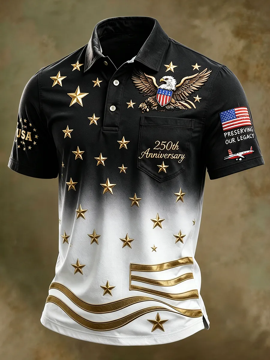 USA 250th Anniversary Patriotic Eagle Golf Polo Shirt, Men's Casual Top with Gradient Gold Star Print