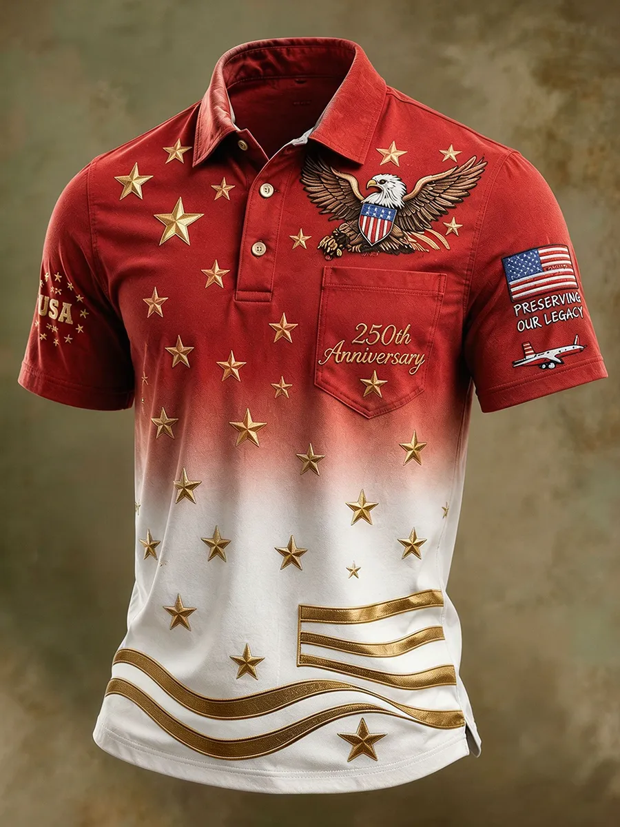 USA 250th Anniversary Patriotic Eagle Golf Polo Shirt, Men's Casual Top with Gradient Gold Star Print