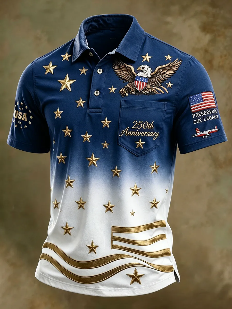 USA 250th Anniversary Patriotic Eagle Golf Polo Shirt, Men's Casual Top with Gradient Gold Star Print