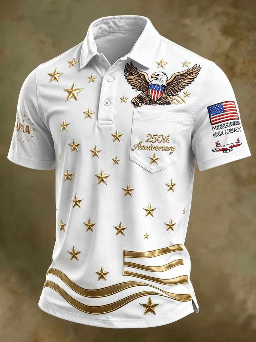 USA 250th Anniversary Patriotic Eagle Golf Polo Shirt, Men's Casual Top with Gradient Gold Star Print