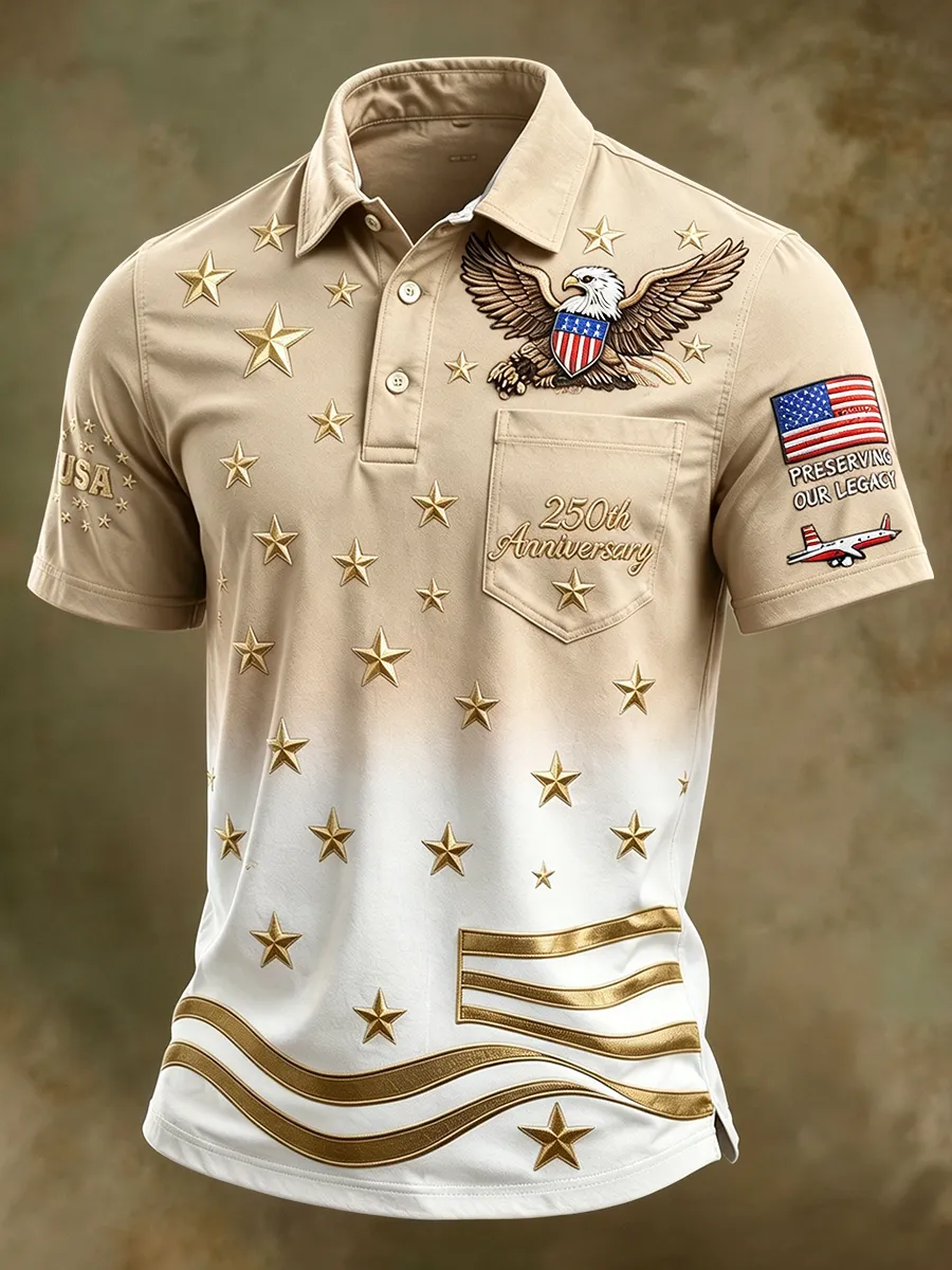 USA 250th Anniversary Patriotic Eagle Golf Polo Shirt, Men's Casual Top with Gradient Gold Star Print
