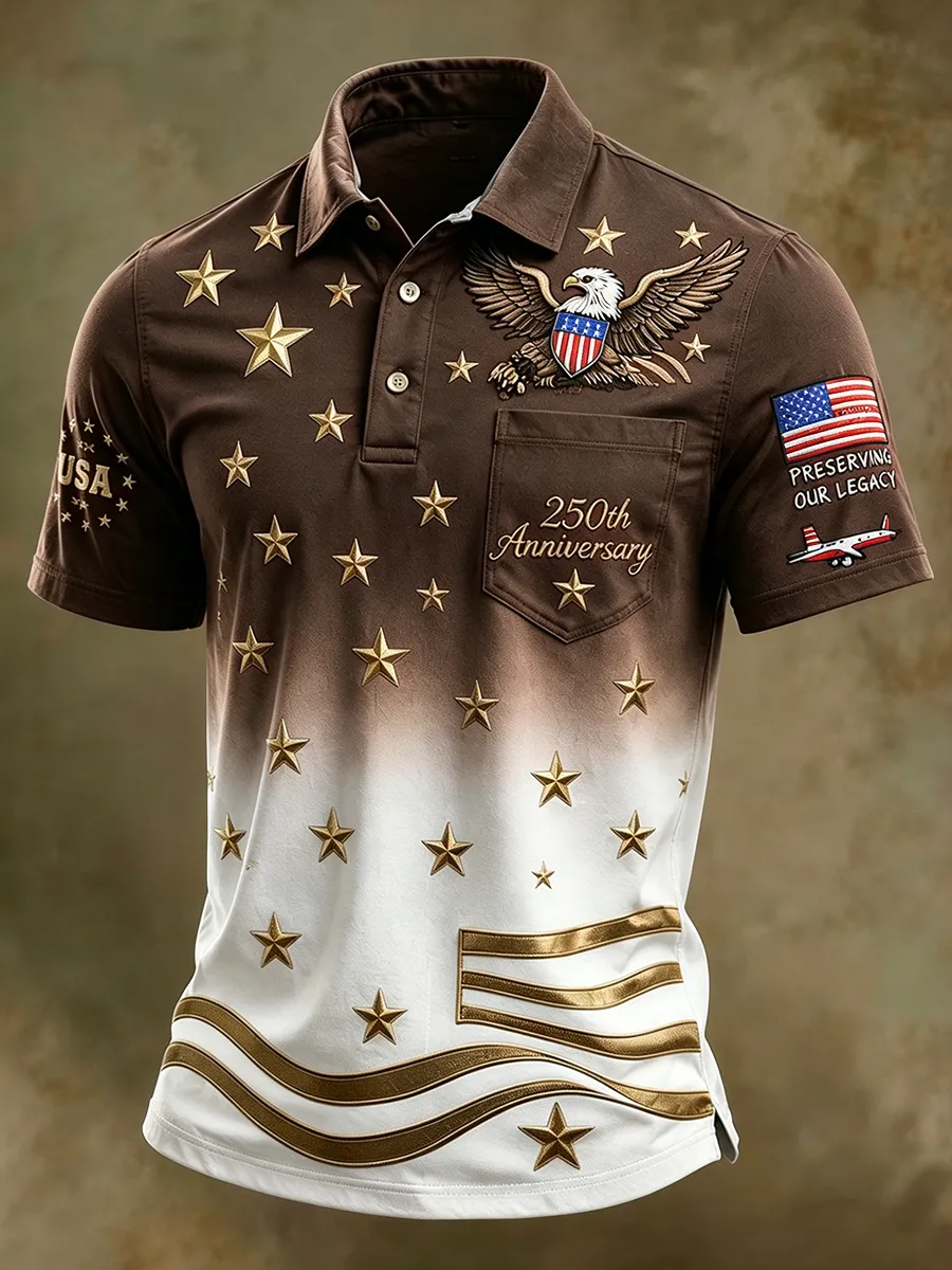 USA 250th Anniversary Patriotic Eagle Golf Polo Shirt, Men's Casual Top with Gradient Gold Star Print