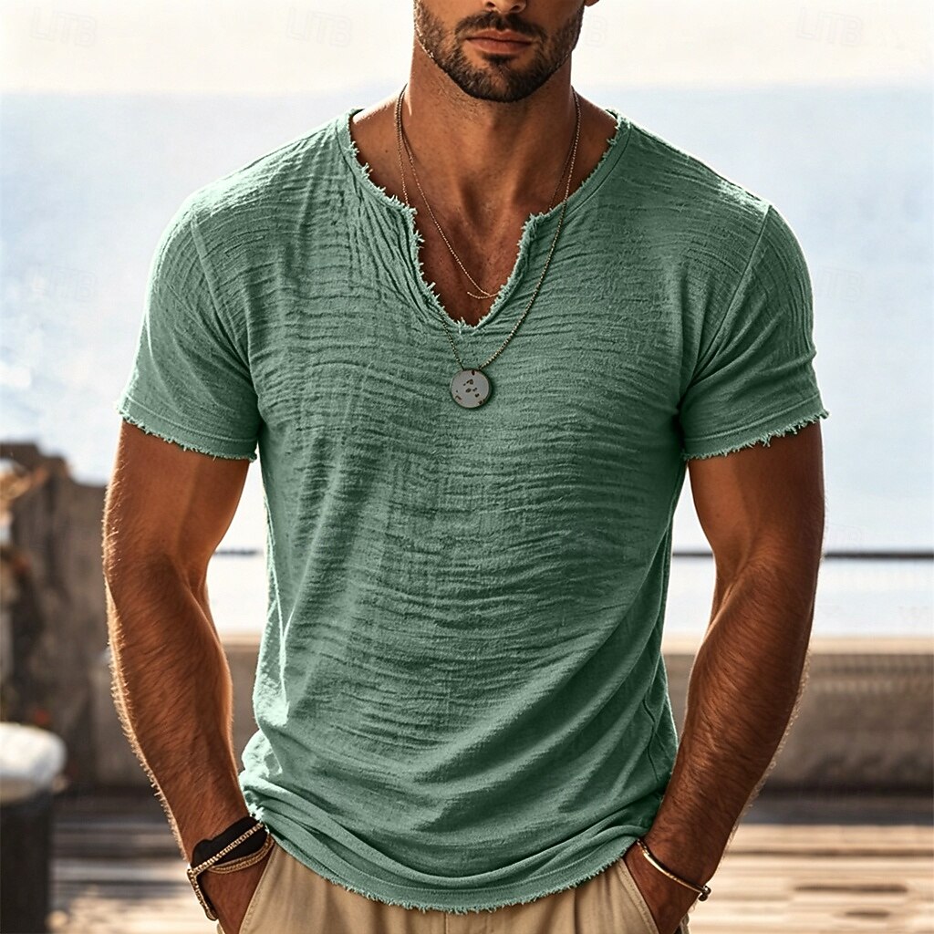 Men's Vintage Slub Cotton T-Shirt, Frayed Notch V Neck Raw Edge Short Sleeve Casual Beach Tee