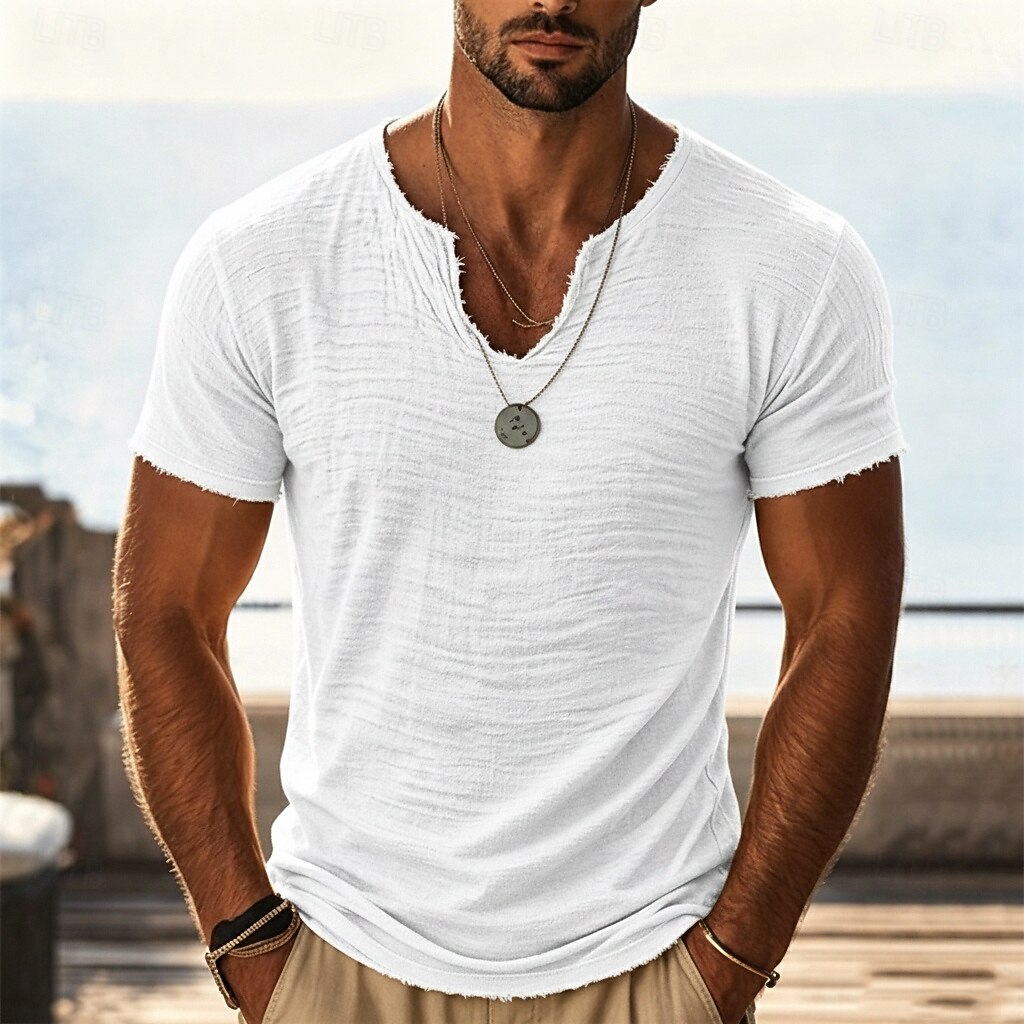 Men's Vintage Slub Cotton T-Shirt, Frayed Notch V Neck Raw Edge Short Sleeve Casual Beach Tee