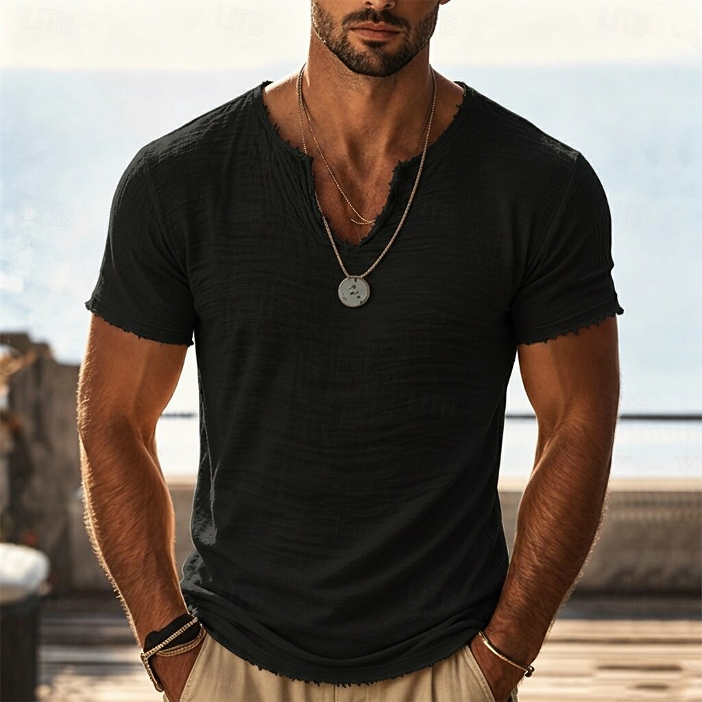 Men's Vintage Slub Cotton T-Shirt, Frayed Notch V Neck Raw Edge Short Sleeve Casual Beach Tee