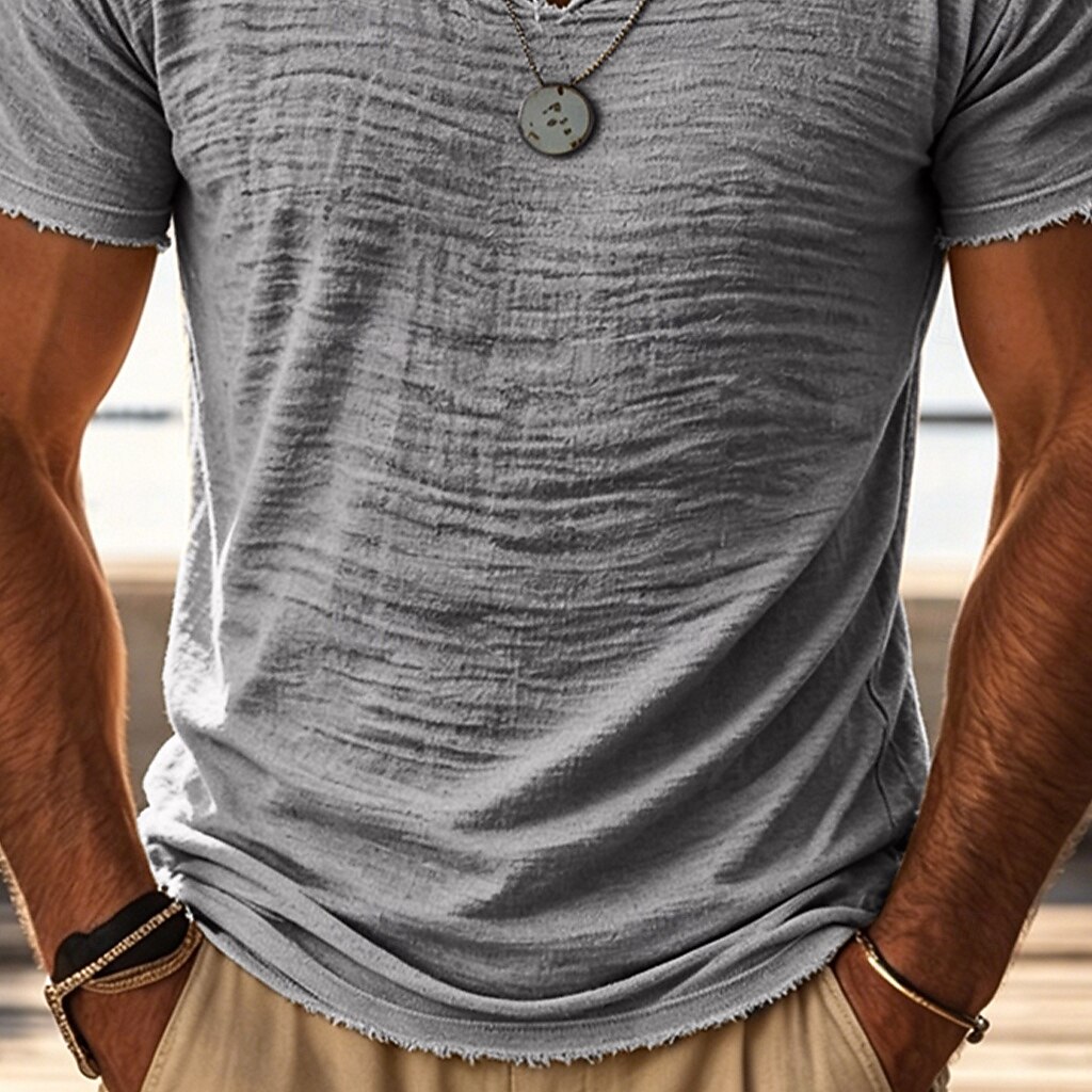 Men's Vintage Slub Cotton T-Shirt, Frayed Notch V Neck Raw Edge Short Sleeve Casual Beach Tee