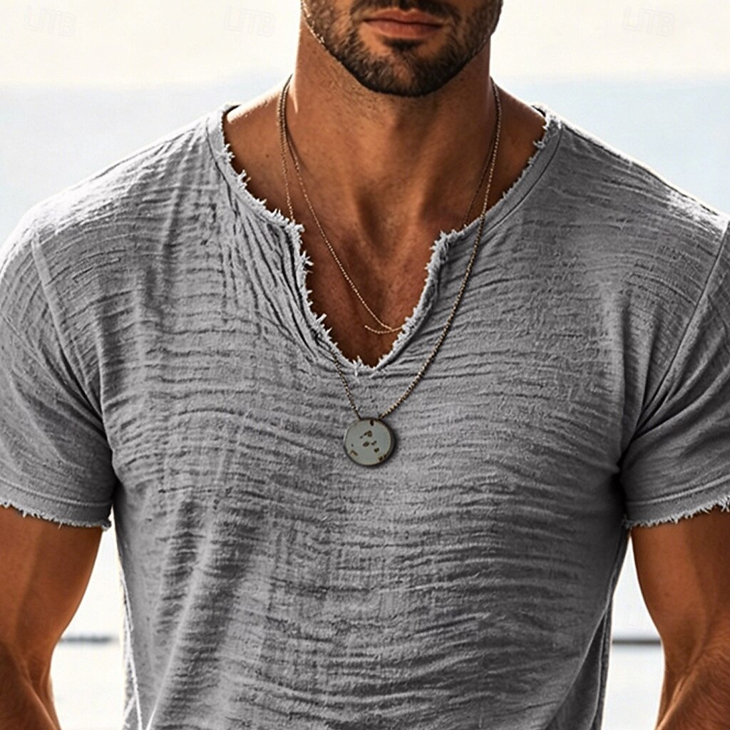 Men's Vintage Slub Cotton T-Shirt, Frayed Notch V Neck Raw Edge Short Sleeve Casual Beach Tee