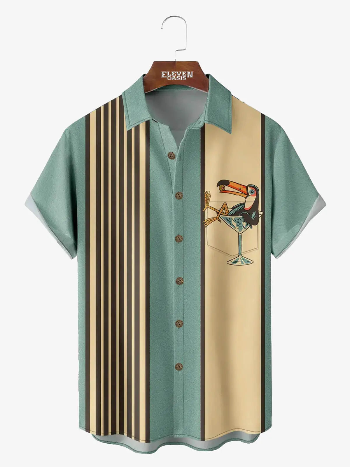 Men's Retro Striped Toucan Cocktail Print Short Sleeve Button Down Shirt, Color Block Tropical Summer Beach Casual Shirt