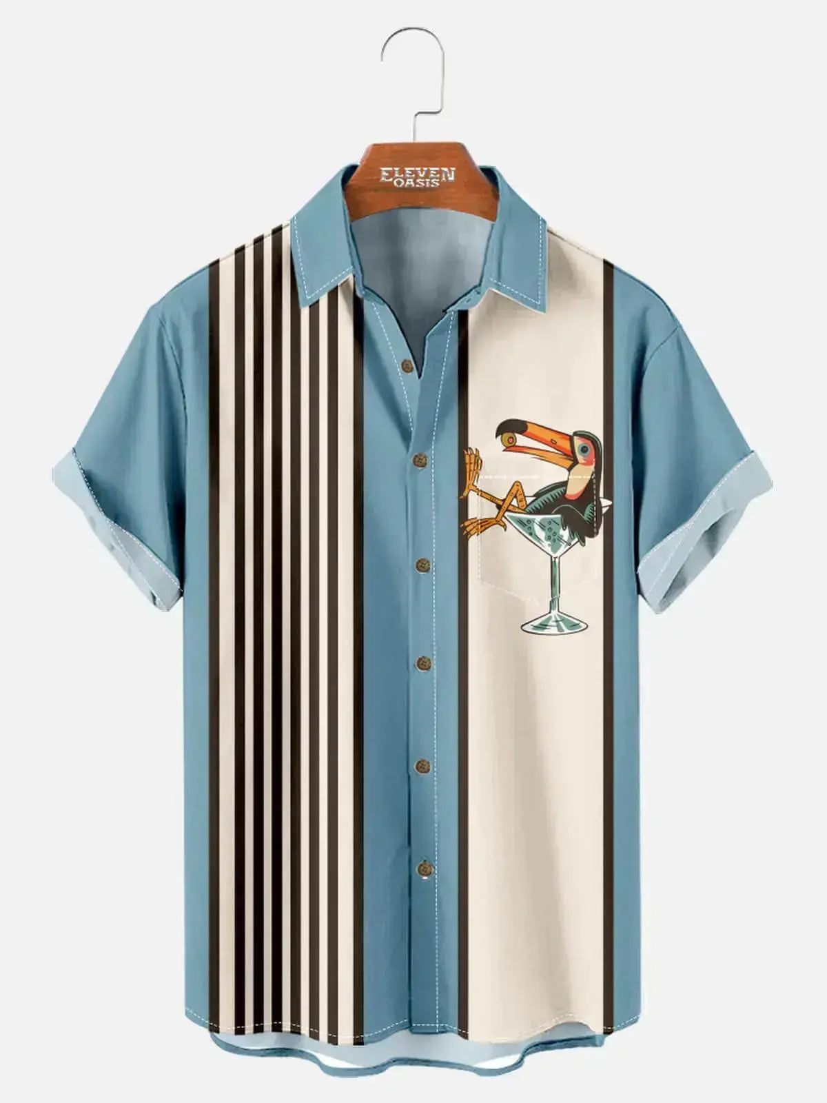 Men's Retro Striped Toucan Cocktail Print Short Sleeve Button Down Shirt, Color Block Tropical Summer Beach Casual Shirt