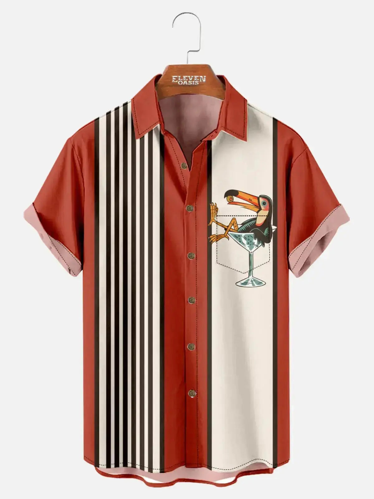 Men's Retro Striped Toucan Cocktail Print Short Sleeve Button Down Shirt, Color Block Tropical Summer Beach Casual Shirt