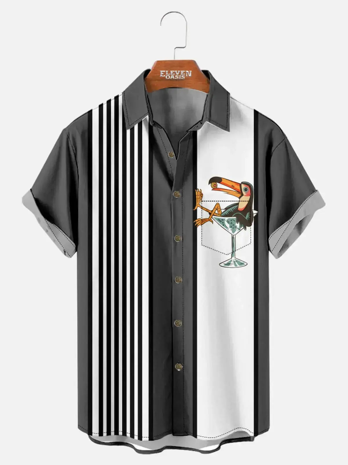 Men's Retro Striped Toucan Cocktail Print Short Sleeve Button Down Shirt, Color Block Tropical Summer Beach Casual Shirt