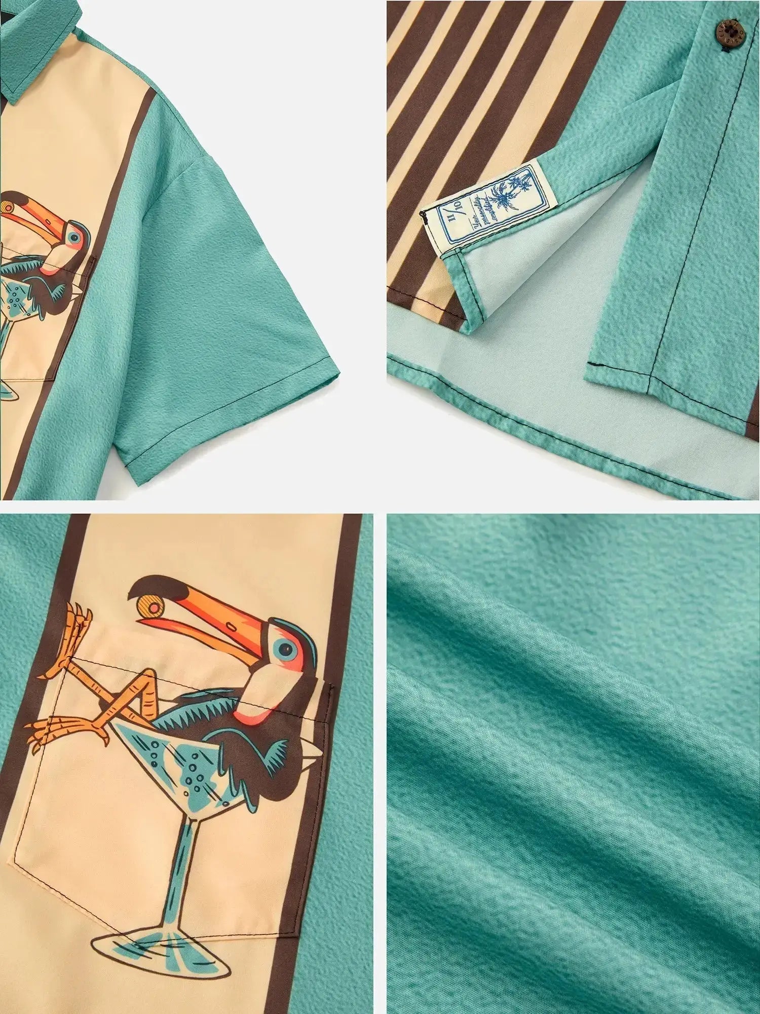 Men's Retro Striped Toucan Cocktail Print Short Sleeve Button Down Shirt, Color Block Tropical Summer Beach Casual Shirt