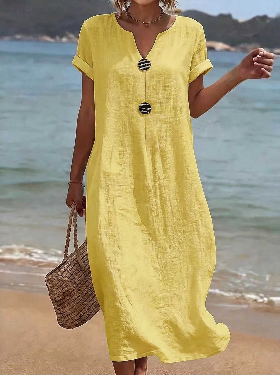 Women's Linen Blend Notch Neck Maxi Dress, Short Sleeve Button Detail Casual Loose-Fit Dress