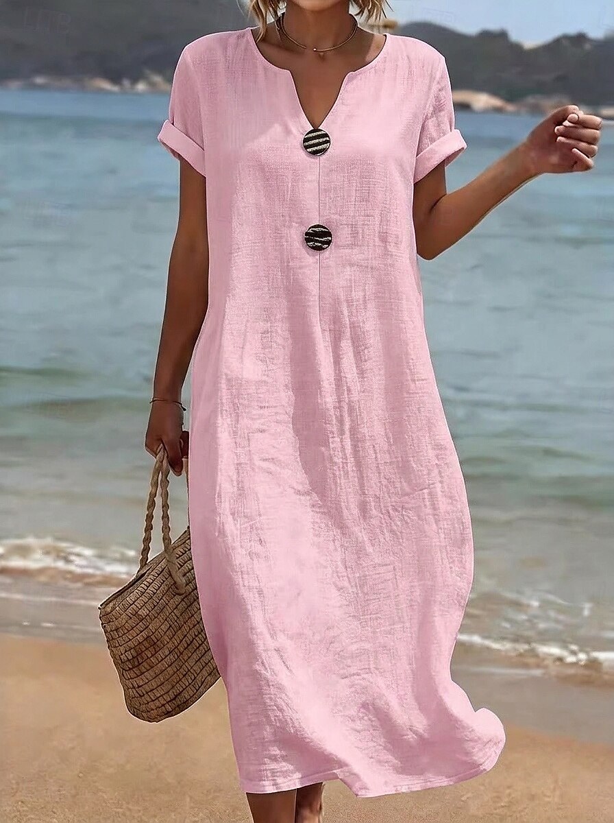 Women's Linen Blend Notch Neck Maxi Dress, Short Sleeve Button Detail Casual Loose-Fit Dress