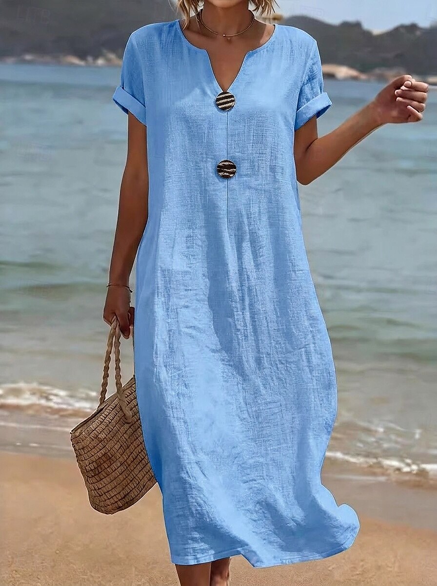 Women's Linen Blend Notch Neck Maxi Dress, Short Sleeve Button Detail Casual Loose-Fit Dress