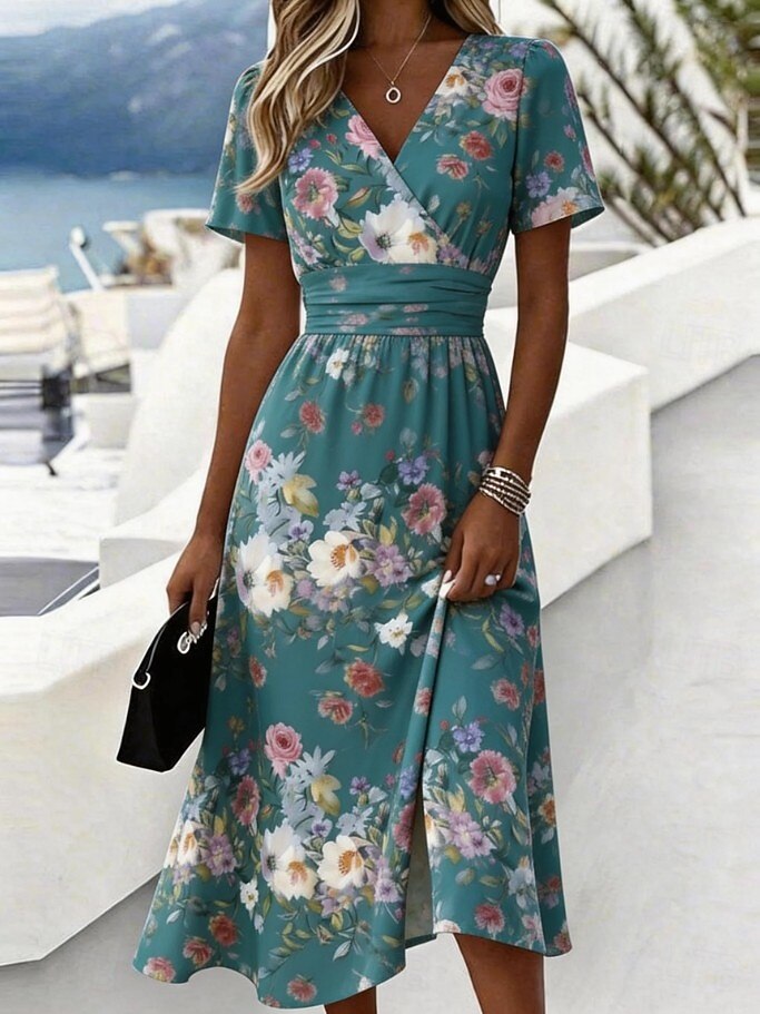 Women's Floral Print V-Neck Wrap Midi Dress, Short Sleeve Ruched Waist A-Line Casual Dress
