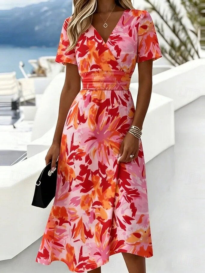 Women's Floral Print V-Neck Wrap Midi Dress, Short Sleeve Ruched Waist A-Line Casual Dress