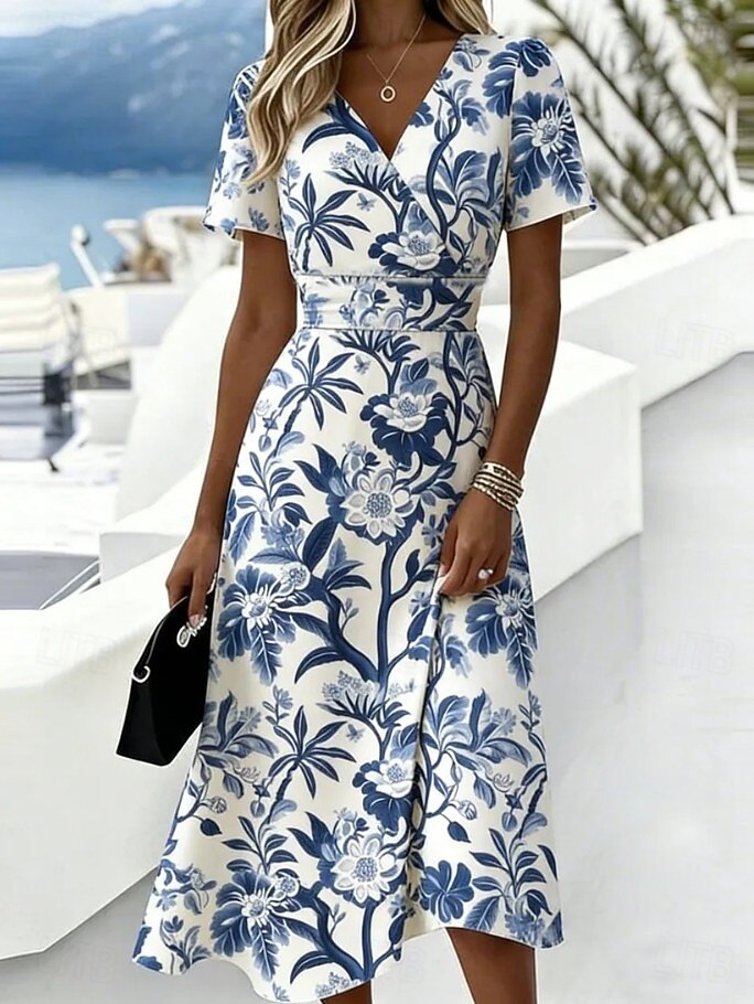 Women's Floral Print V-Neck Wrap Midi Dress, Short Sleeve Ruched Waist A-Line Casual Dress