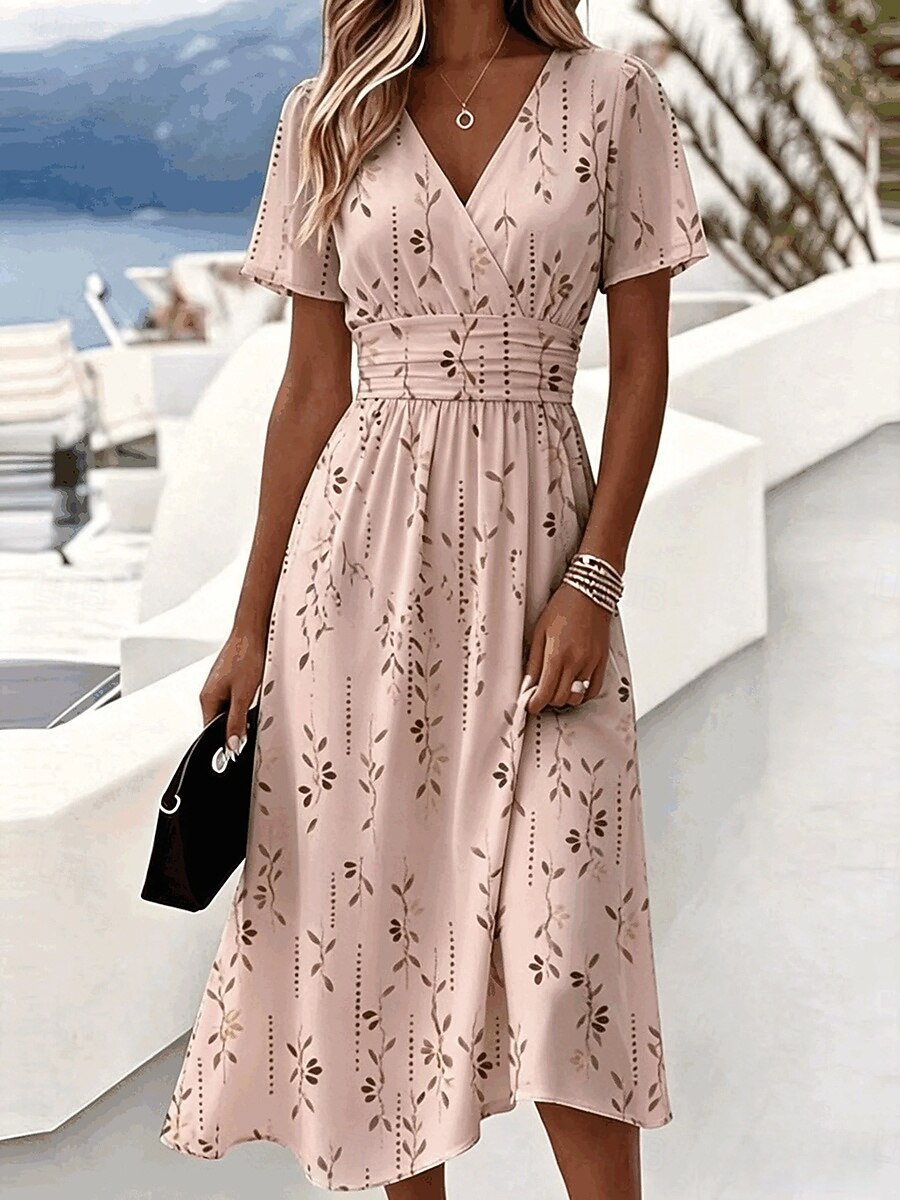 Women's Floral Leaf Print V-Neck Wrap Midi Dress, Short Sleeve Ruched Waist A-Line Casual Dress