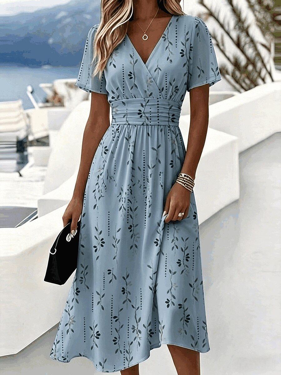 Women's Floral Leaf Print V-Neck Wrap Midi Dress, Short Sleeve Ruched Waist A-Line Casual Dress