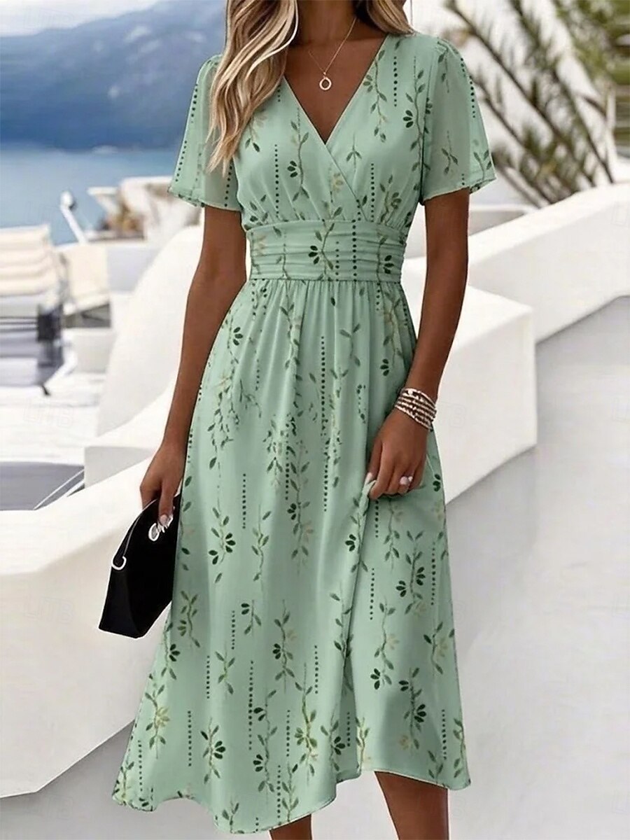 Women's Floral Leaf Print V-Neck Wrap Midi Dress, Short Sleeve Ruched Waist A-Line Casual Dress