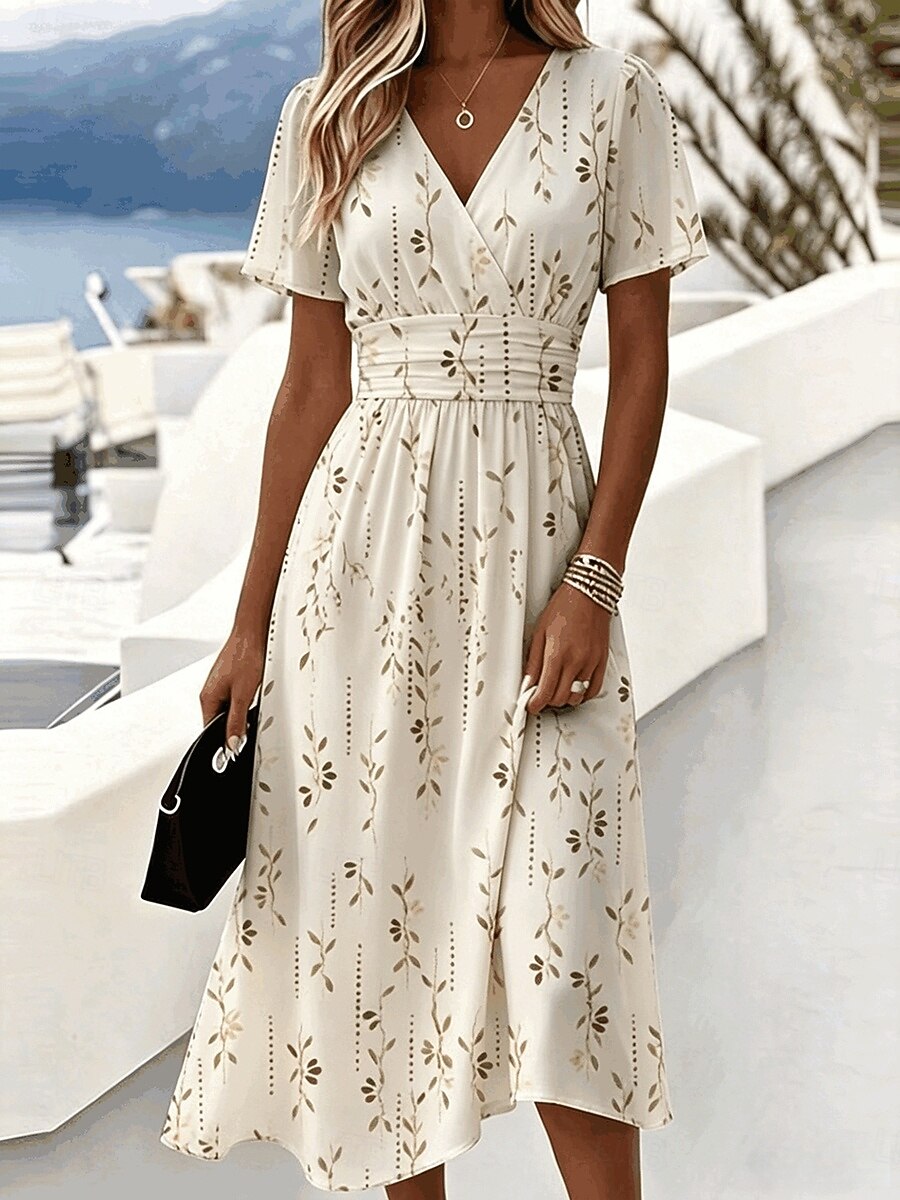 Women's Floral Leaf Print V-Neck Wrap Midi Dress, Short Sleeve Ruched Waist A-Line Casual Dress