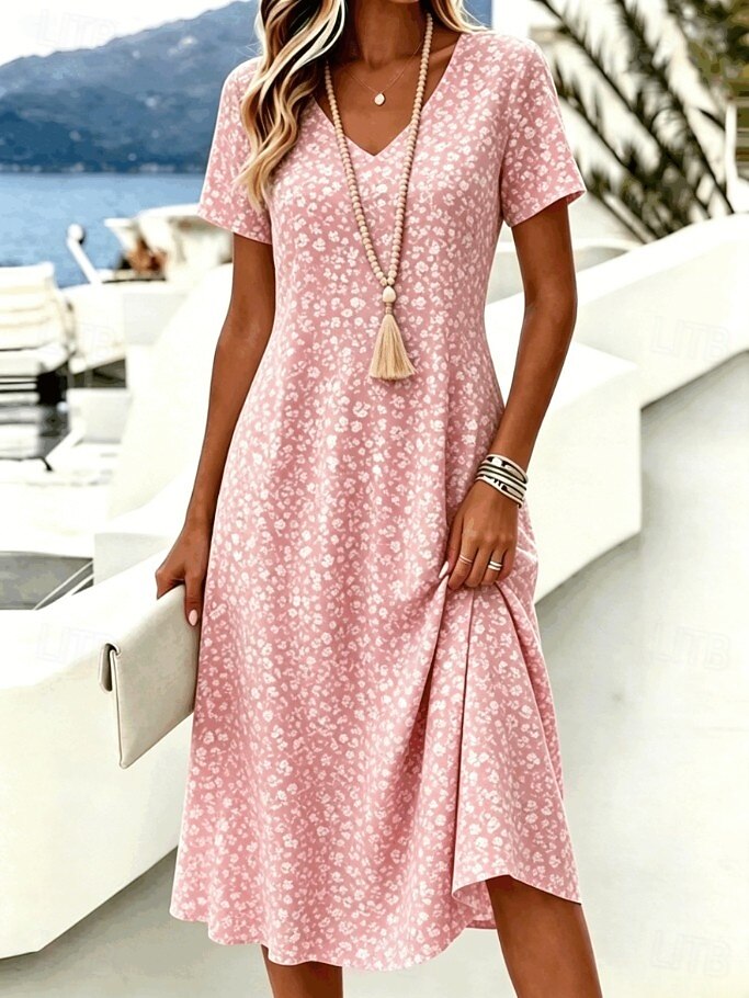 Women's Ditsy Floral Print V-Neck Midi Dress, Short Sleeve Casual A-Line Swing Dress