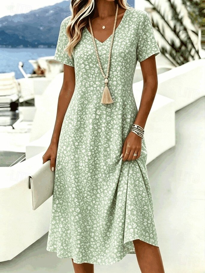 Women's Ditsy Floral Print V-Neck Midi Dress, Short Sleeve Casual A-Line Swing Dress