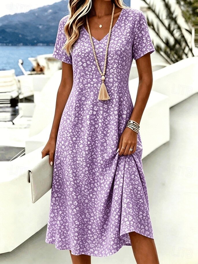 Women's Ditsy Floral Print V-Neck Midi Dress, Short Sleeve Casual A-Line Swing Dress