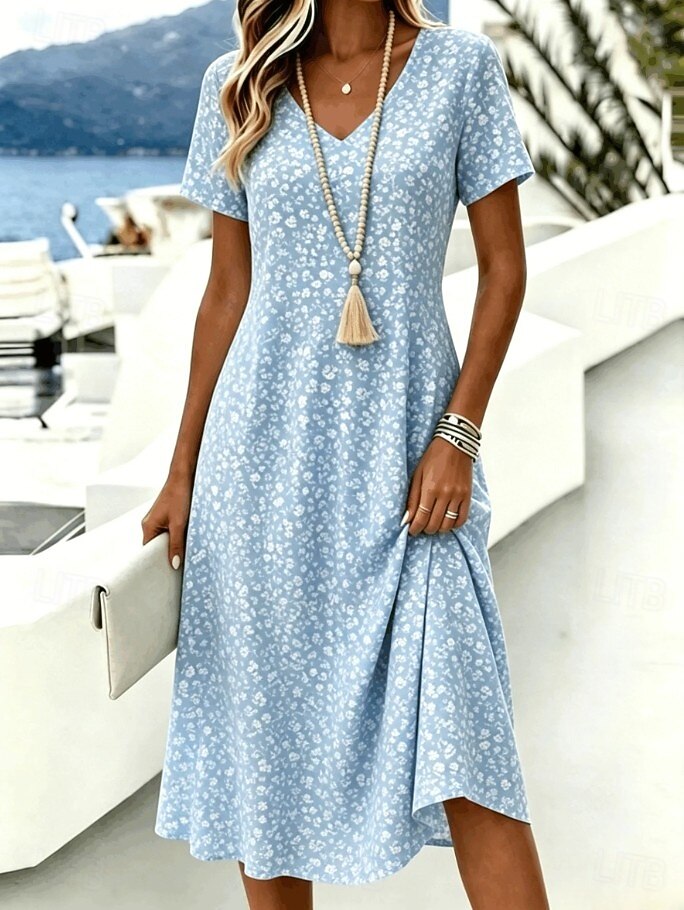 Women's Ditsy Floral Print V-Neck Midi Dress, Short Sleeve Casual A-Line Swing Dress