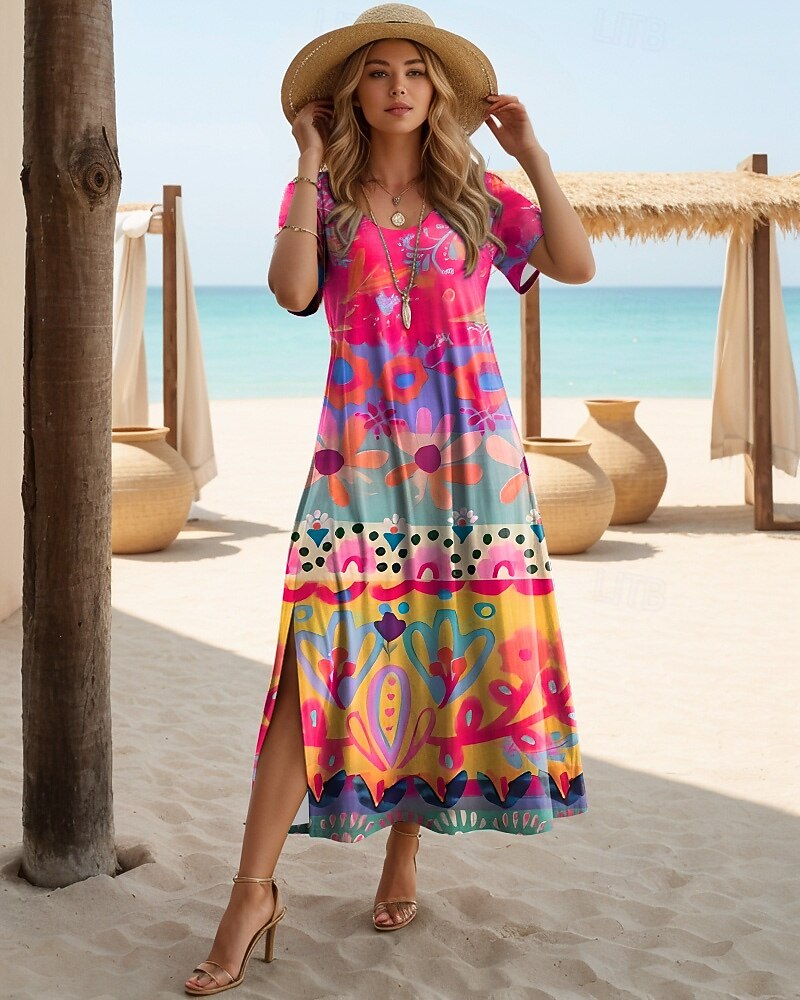Women's Bohemian Gold Floral Print Maxi Dress, Short Sleeve Split Hem V-Neck Casual Beach Dress