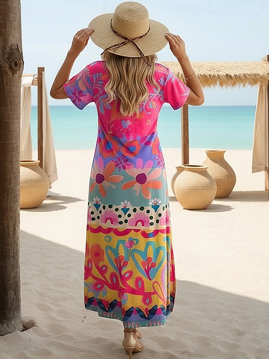 Women's Bohemian Gold Floral Print Maxi Dress, Short Sleeve Split Hem V-Neck Casual Beach Dress