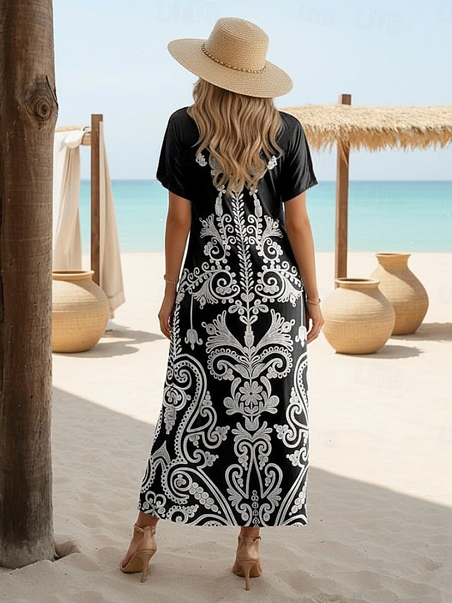 Women's Bohemian Gold Floral Print Maxi Dress, Short Sleeve Split Hem V-Neck Casual Beach Dress