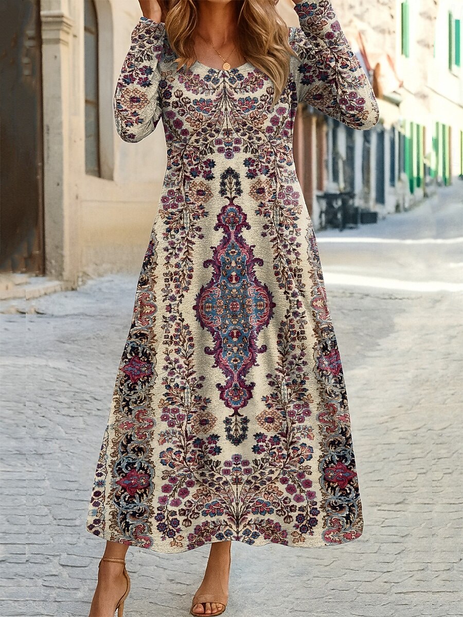Women's Bohemian Medallion Print Long Sleeve Maxi Dress, Round Neck Casual A-Line Boho Dress