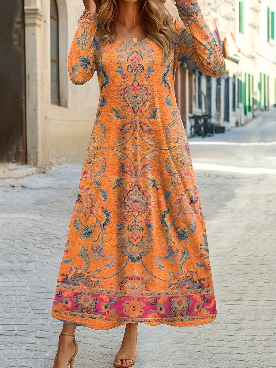 Women's Bohemian Medallion Print Long Sleeve Maxi Dress, Round Neck Casual A-Line Boho Dress