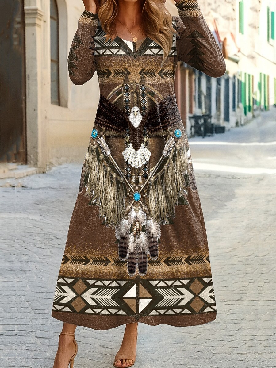 Women's Bohemian Medallion Print Long Sleeve Maxi Dress, Round Neck Casual A-Line Boho Dress