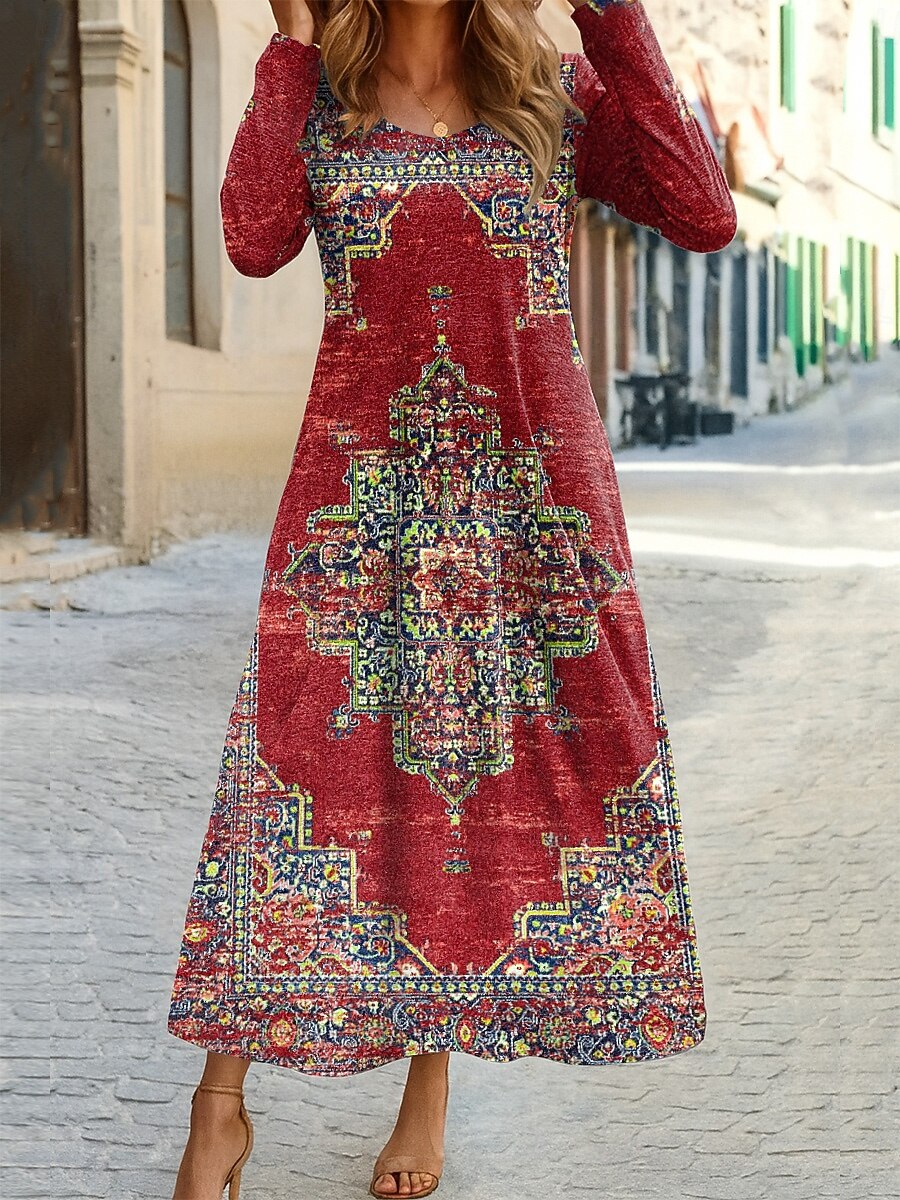 Women's Bohemian Medallion Print Long Sleeve Maxi Dress, Round Neck Casual A-Line Boho Dress