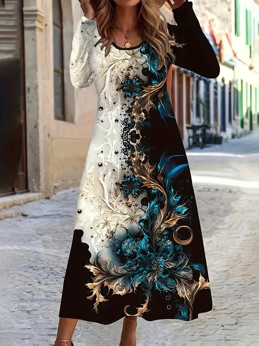 Women's Bohemian Medallion Print Long Sleeve Maxi Dress, Round Neck Casual A-Line Boho Dress