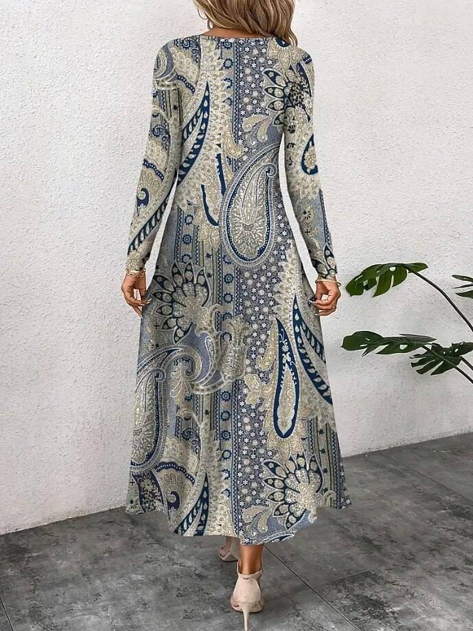 Women's Bohemian Medallion Print Long Sleeve Maxi Dress, Round Neck Casual A-Line Boho Dress