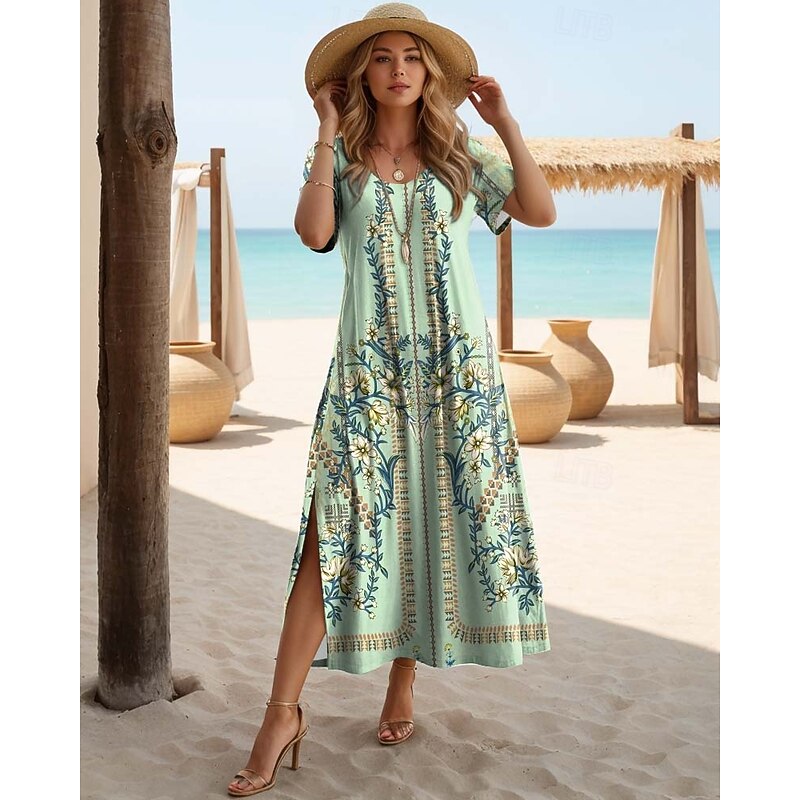 Women's Bohemian Floral Print Maxi Dress, Short Sleeve Split Hem V-Neck Casual Beach Dress