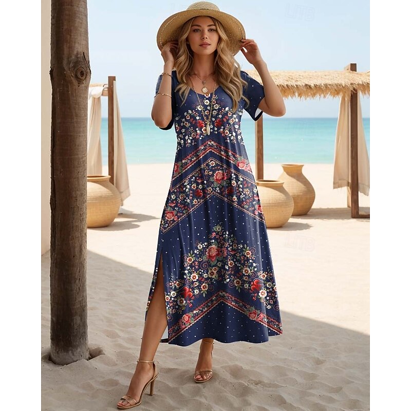 Women's Bohemian Floral Print Maxi Dress, Short Sleeve Split Hem V-Neck Casual Beach Dress