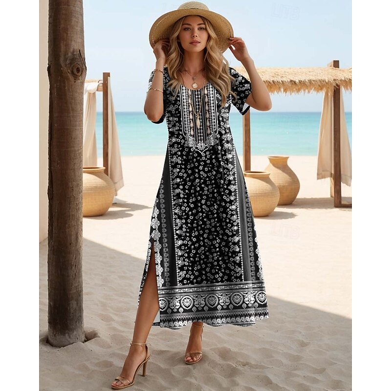 Women's Bohemian Floral Print Maxi Dress, Short Sleeve Split Hem V-Neck Casual Beach Dress