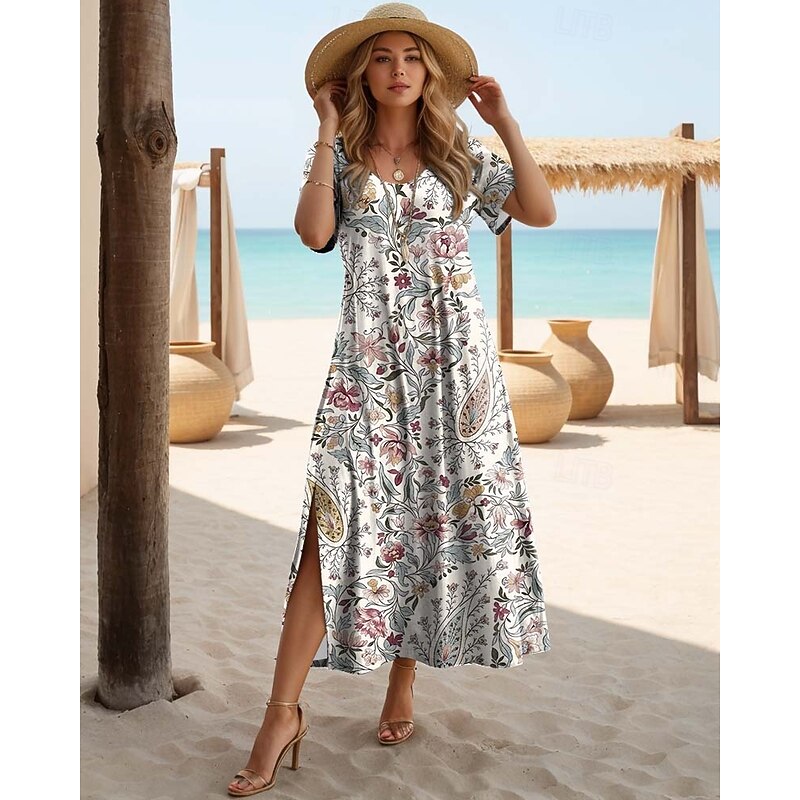 Women's Bohemian Floral Print Maxi Dress, Short Sleeve Split Hem V-Neck Casual Beach Dress