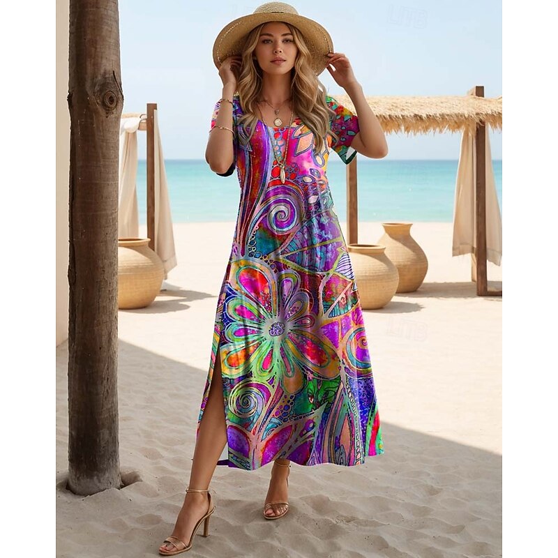 Women's Bohemian Floral Print Maxi Dress, Short Sleeve Split Hem V-Neck Casual Beach Dress